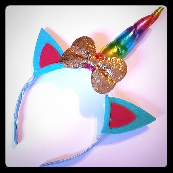 rainbow unicorn headband gold bow blue ears - Picture 1 of 5